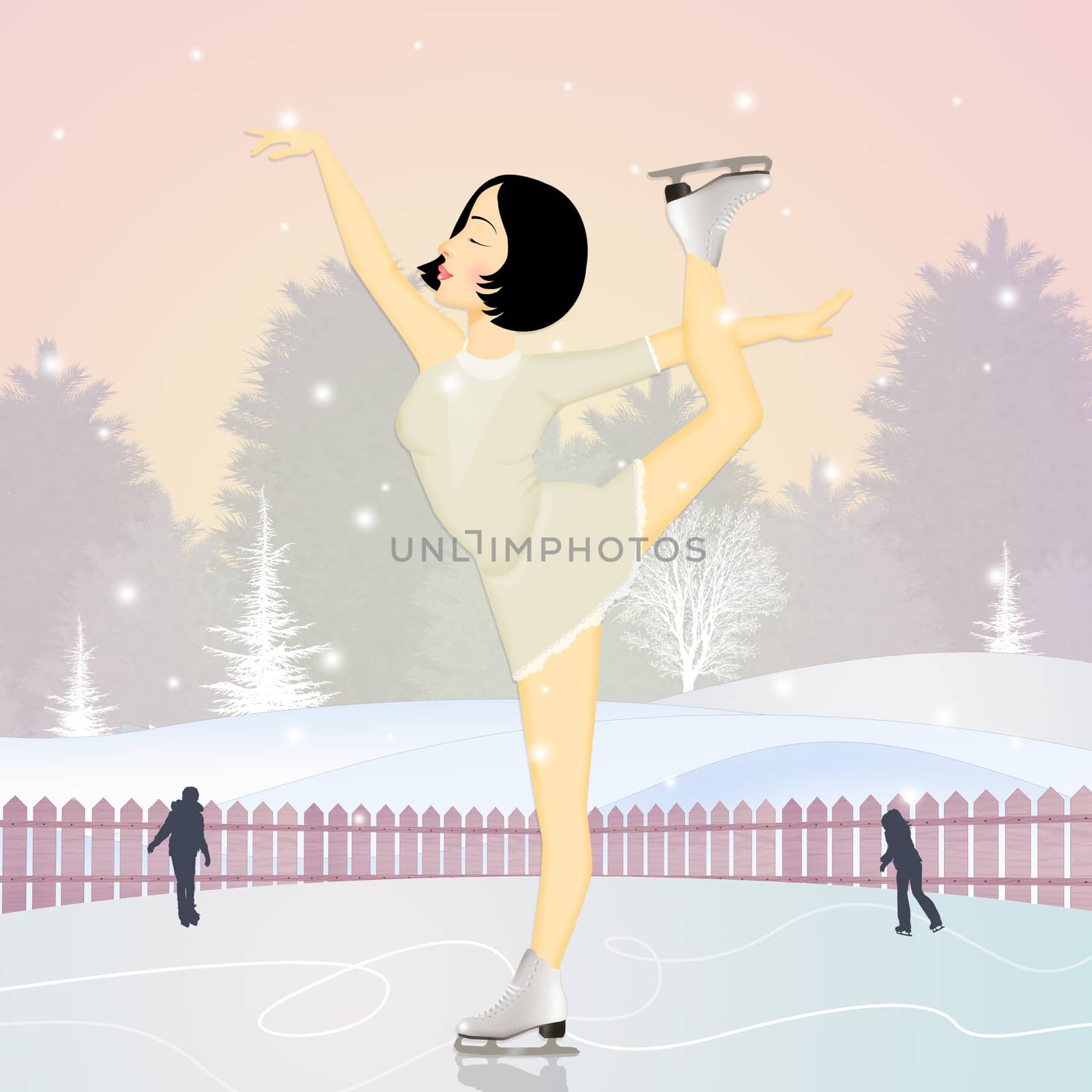 illustration of brunette girl skating on ice