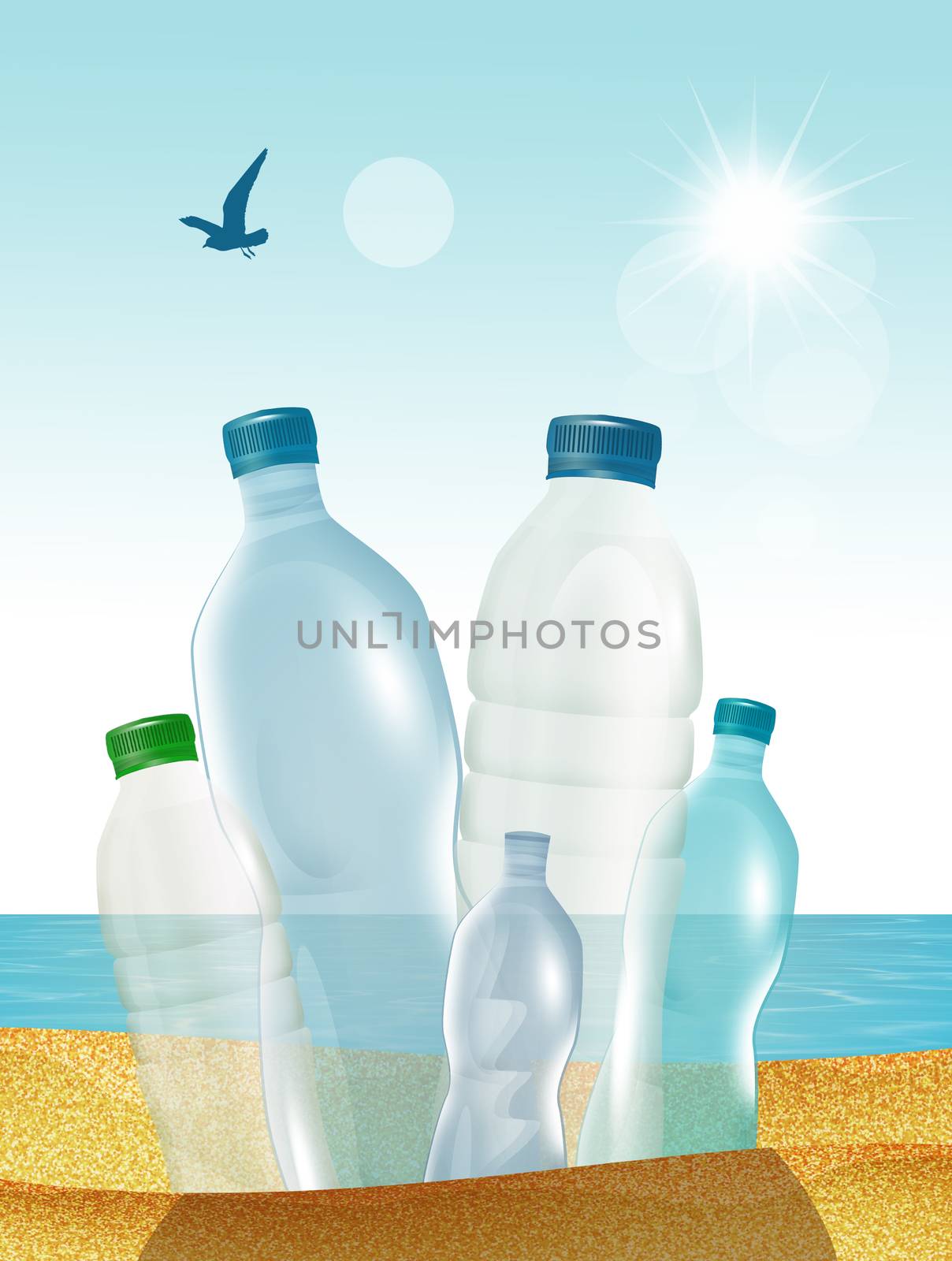 illustration of plastic bottles on the beach