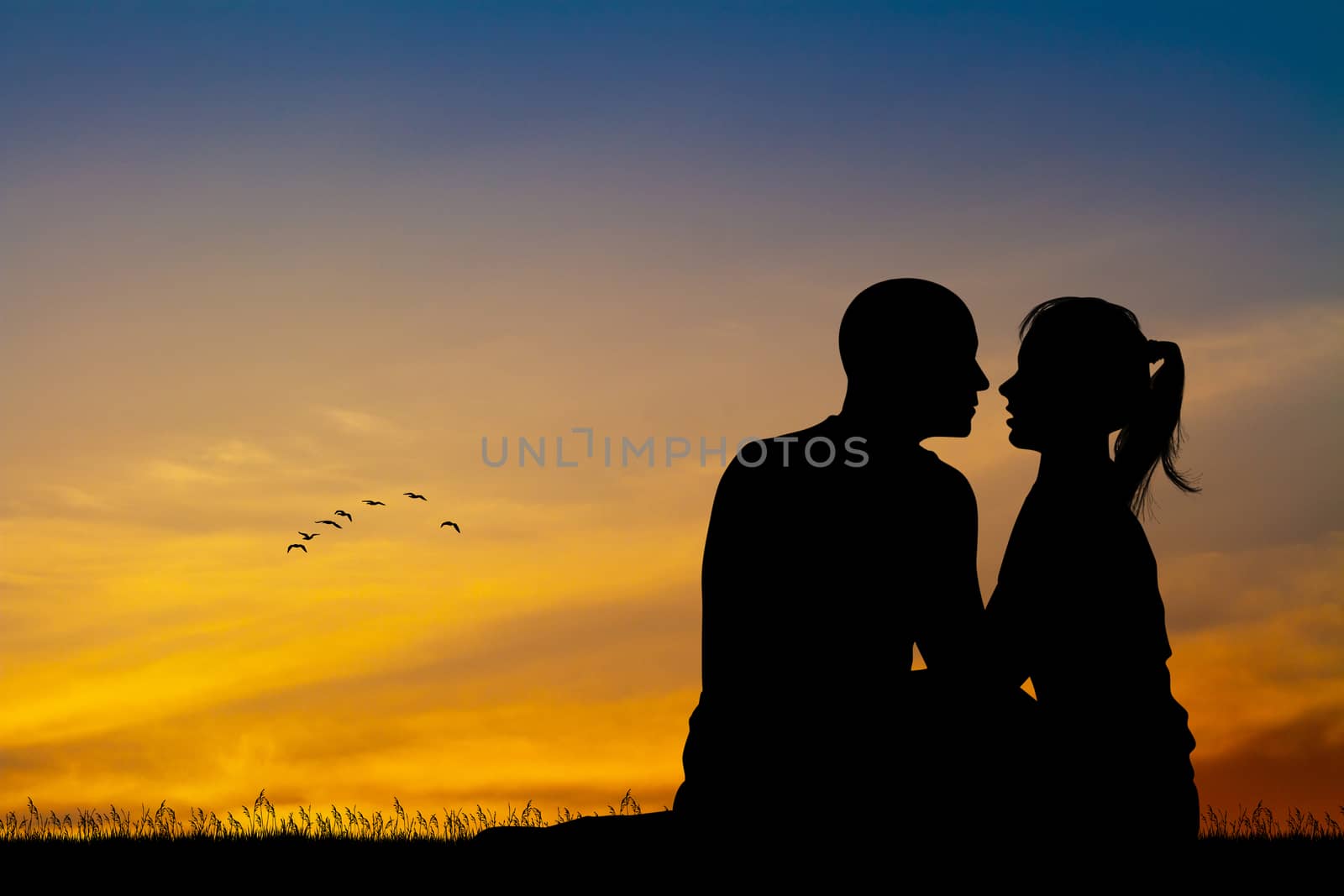 illustration of couple kissing at sunset