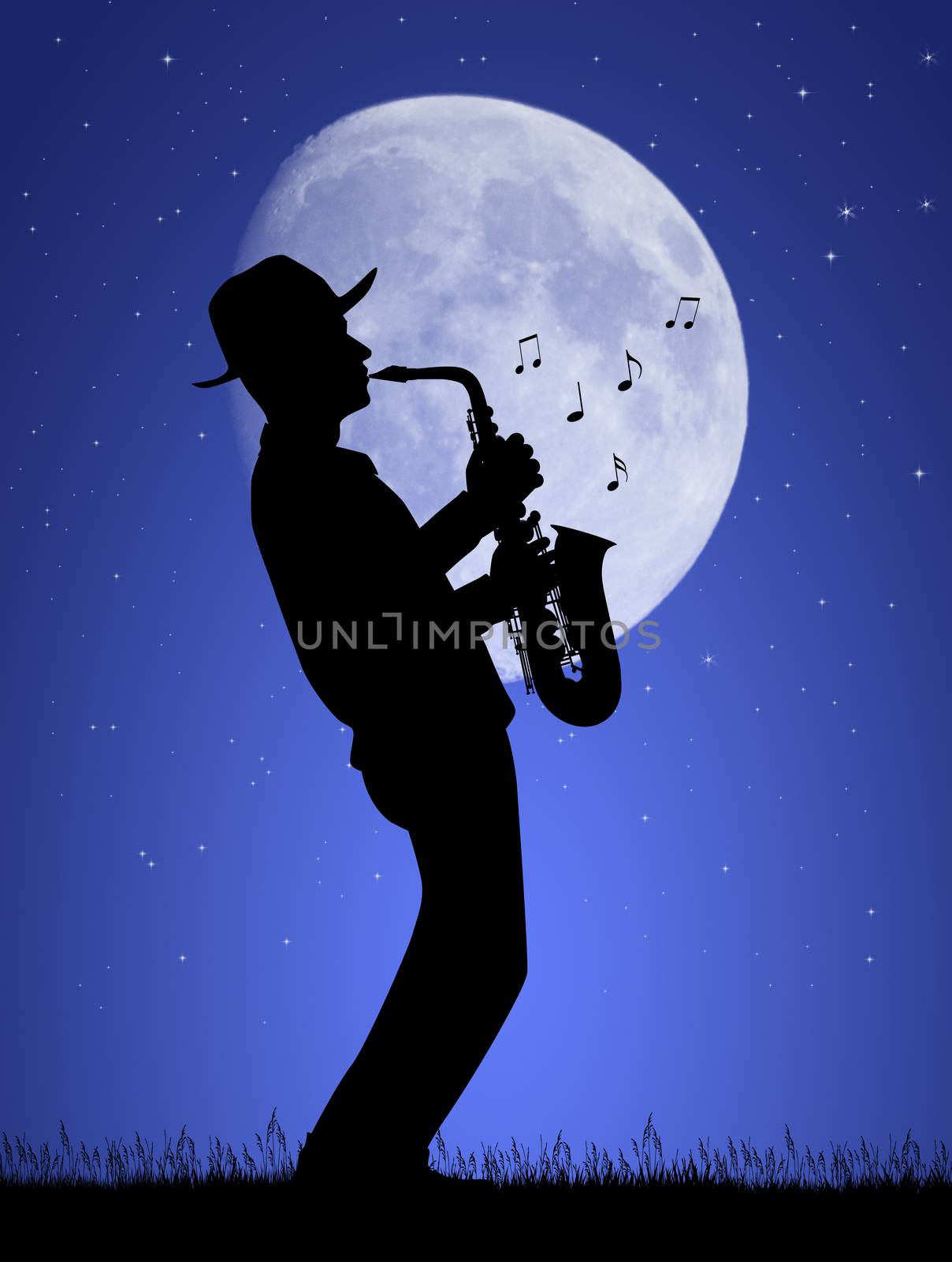 illustration of man plays the saxophone in the moonlight