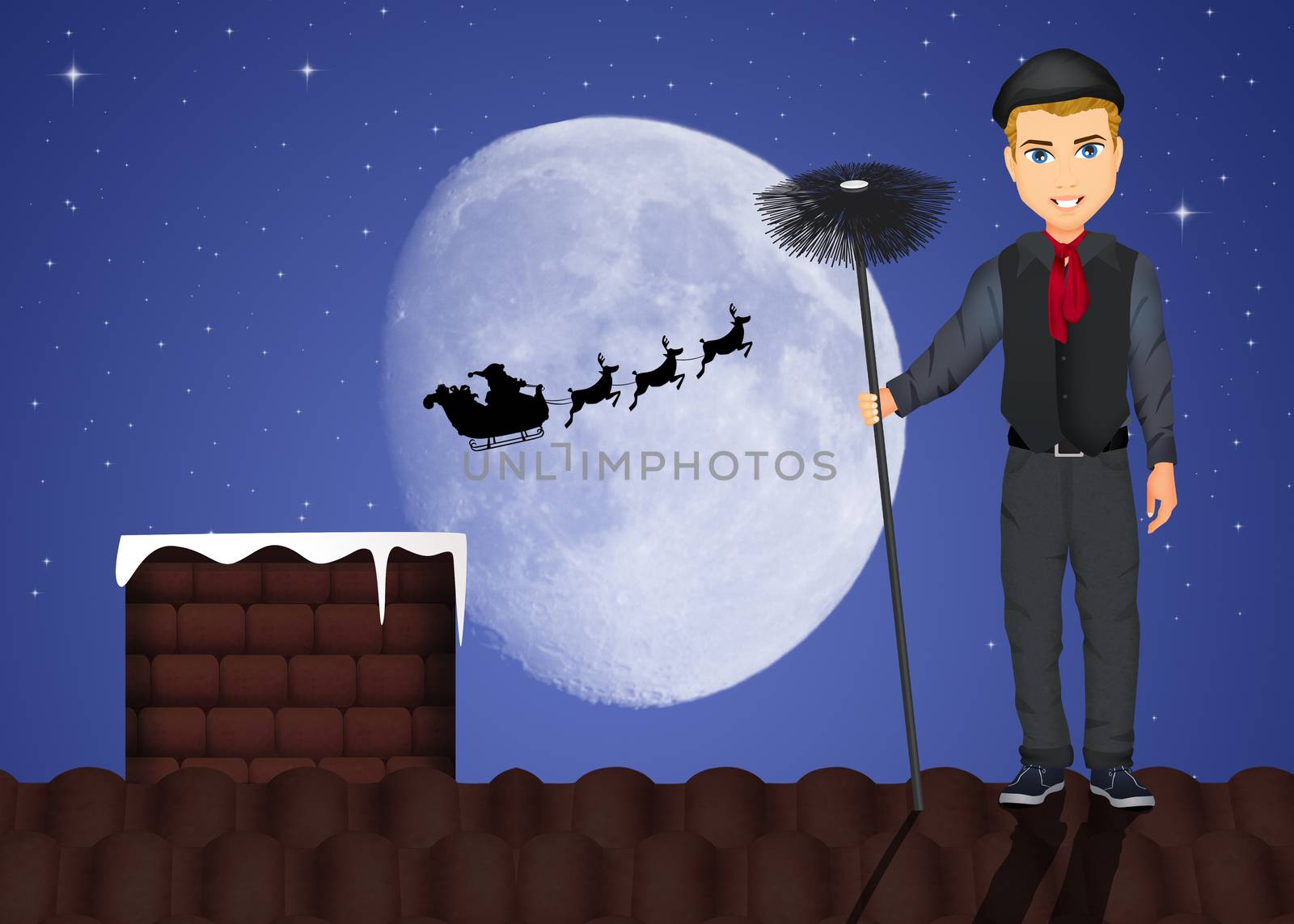 illustration of chimney sweep cleans the fireplace for Santa Claus