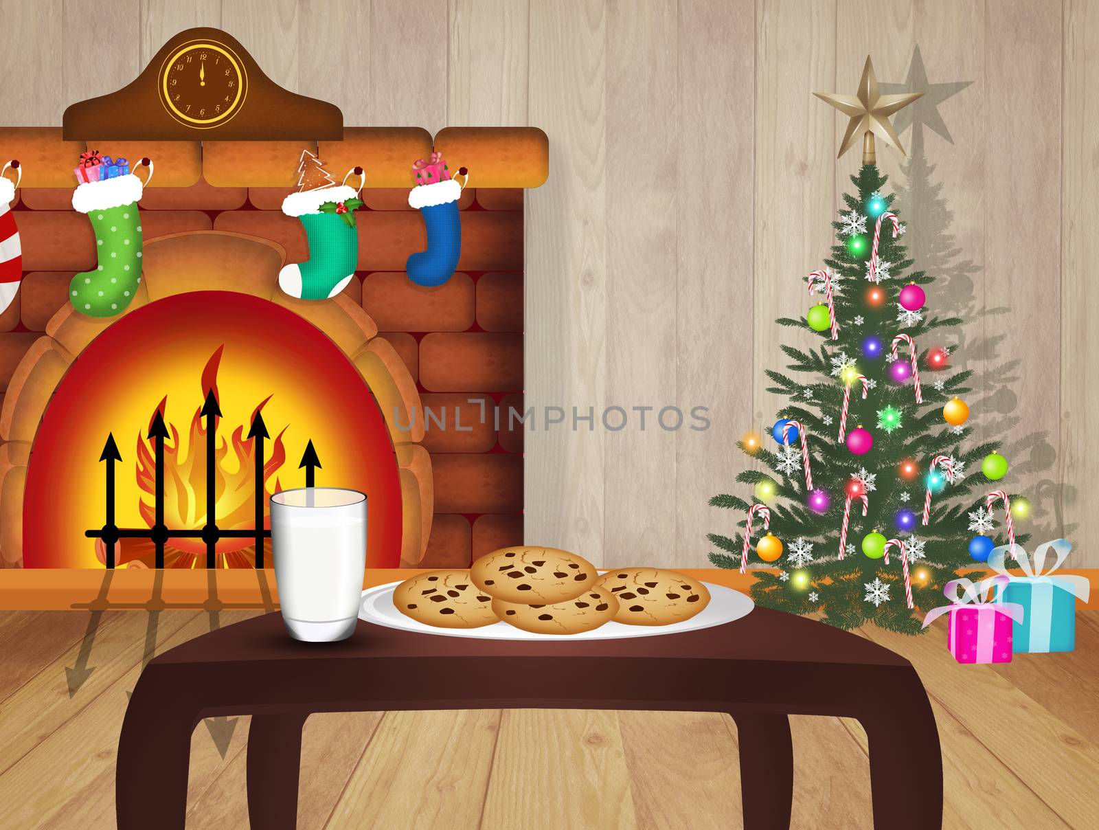 illustration of surprise for Santa Claus with milk and biscuits