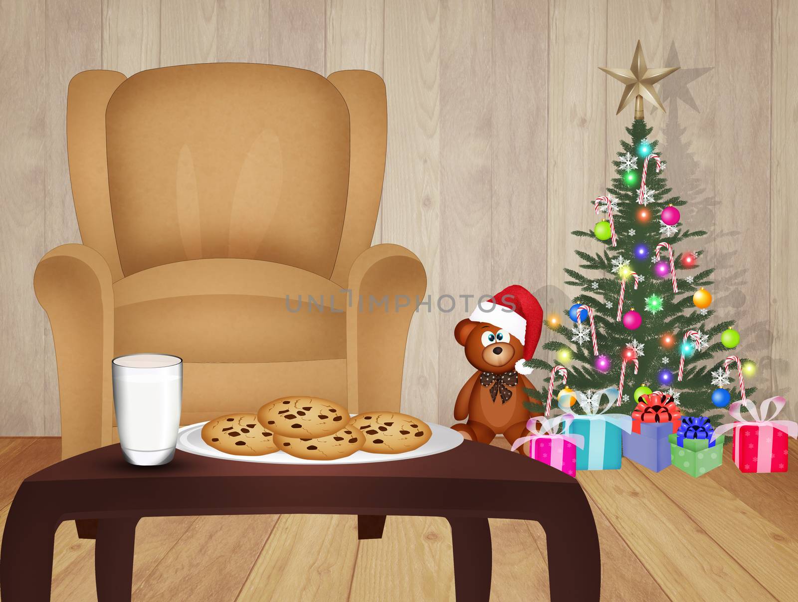 illustration of cookies and milk for Santa Claus