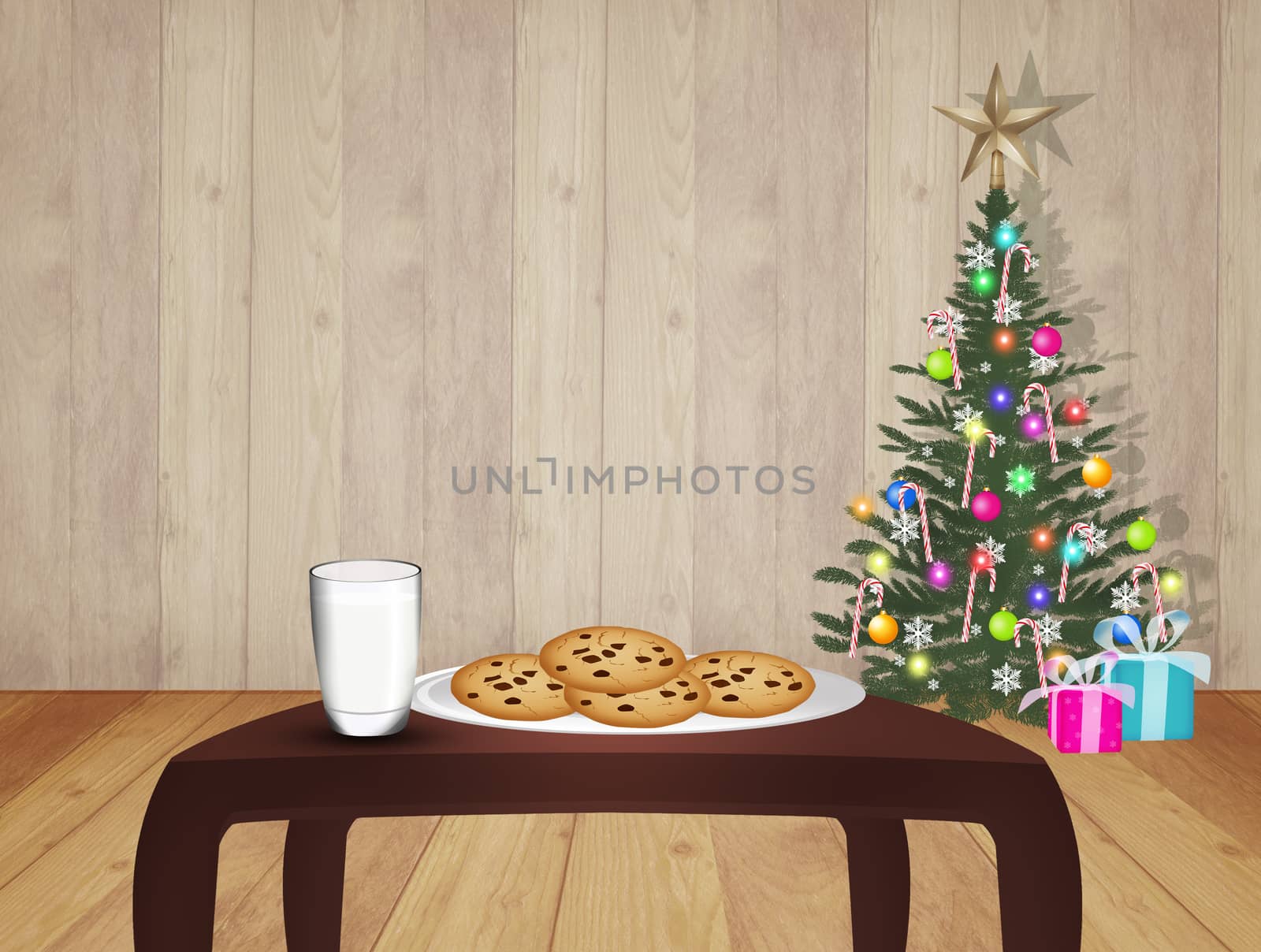 illustration of cookies and milk for Santa Claus