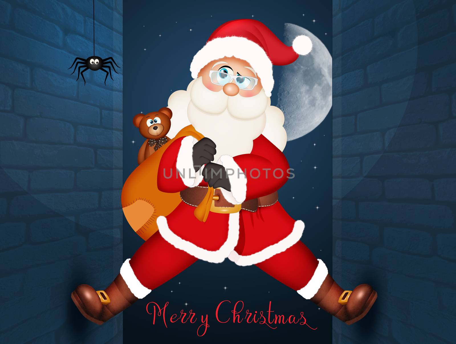 illustration of Santa Claus climbing on the homes wall