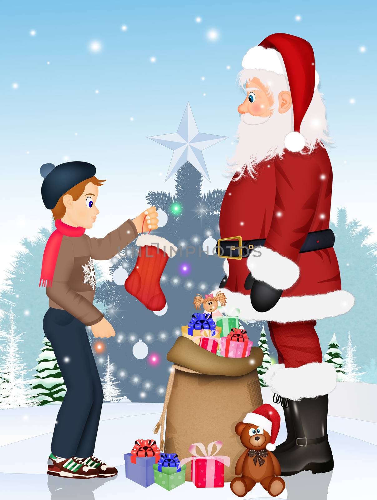 child and Santa Claus with gift by adrenalina