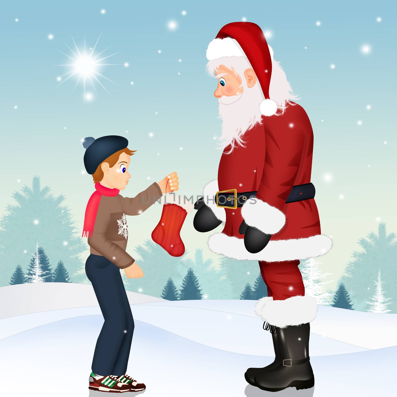 Santa Claus and children with Christmas socks