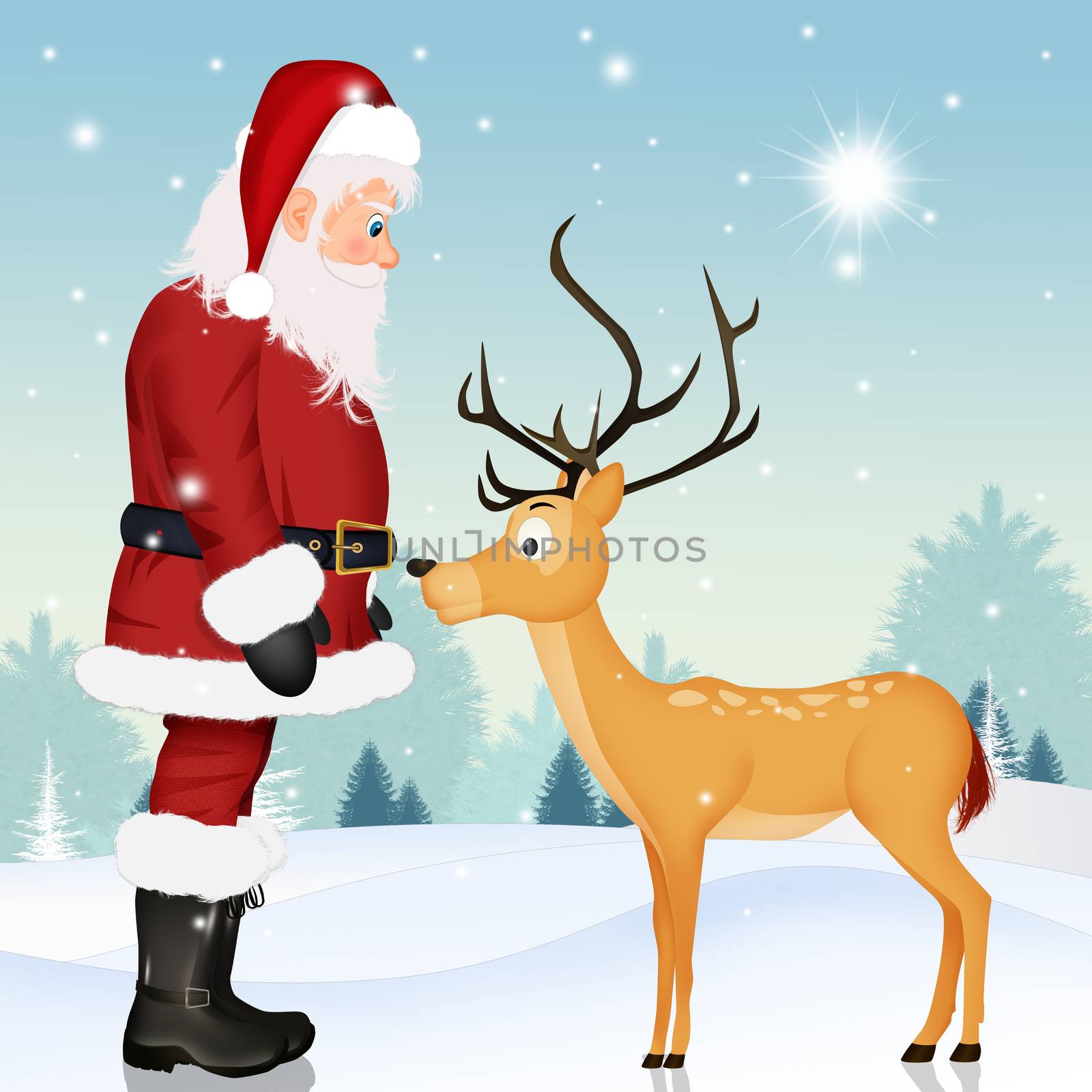 illustration of Santa Claus and reindeer