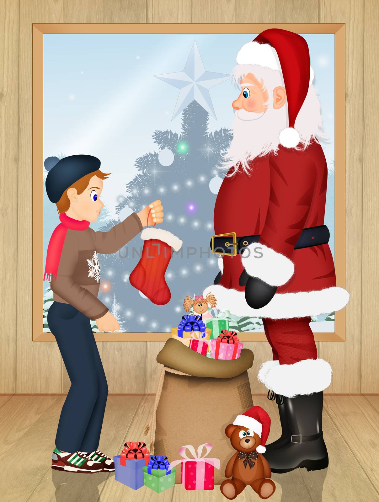 illustration of Santa Claus with sack of presents