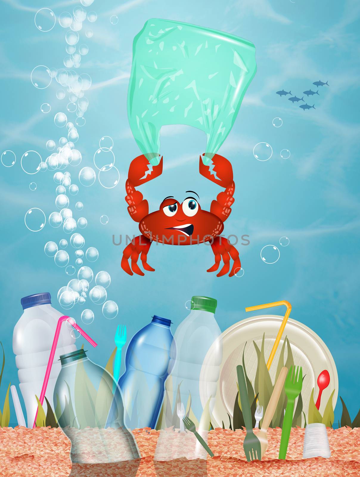 crab collects plastic in the sea by adrenalina