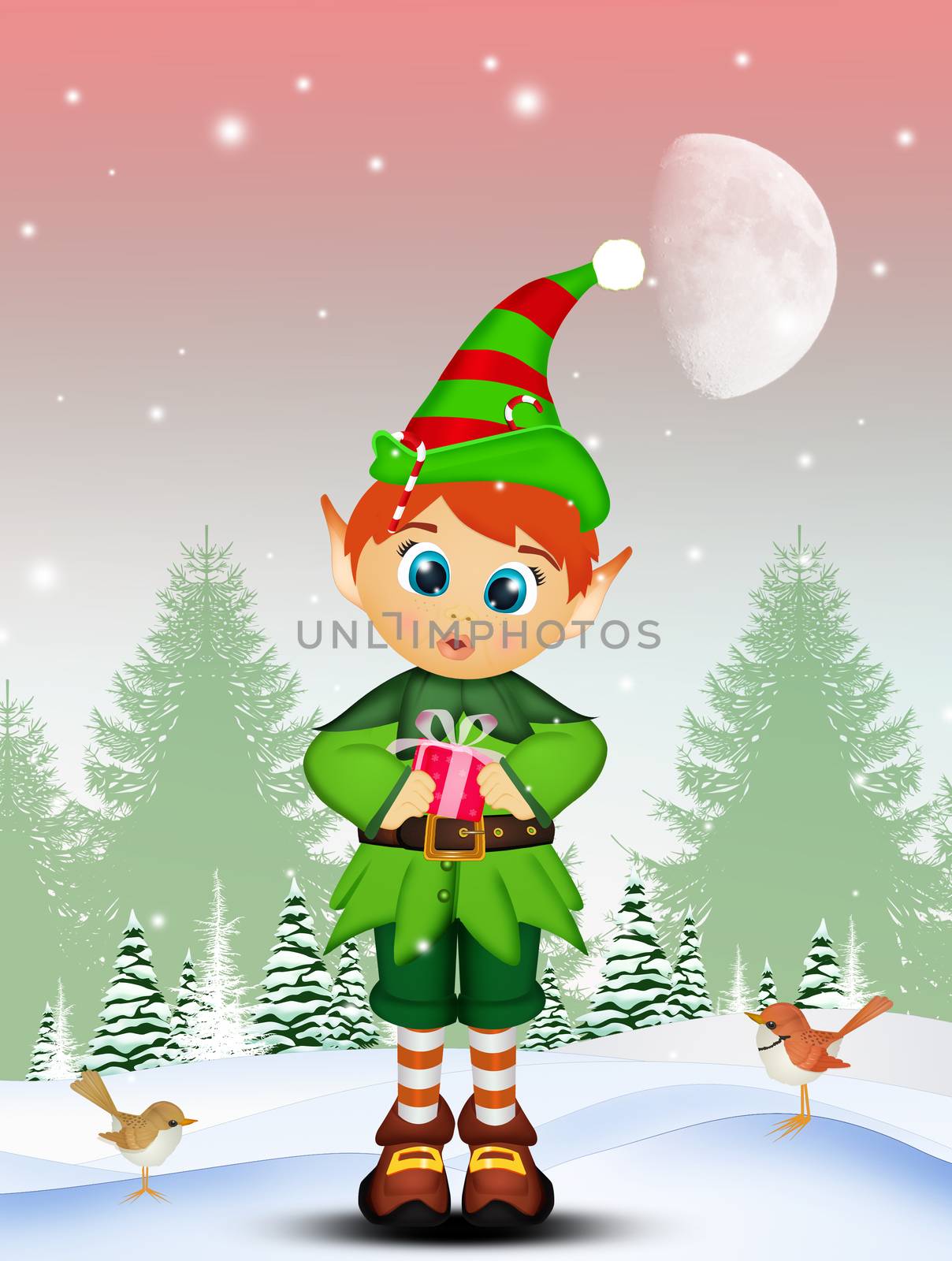 illustration of Elf with Christmas gift