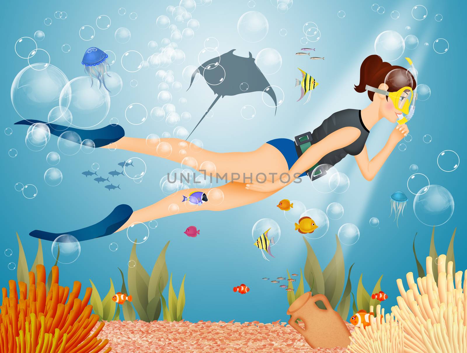 girl does snorkeling with mask and fins by adrenalina