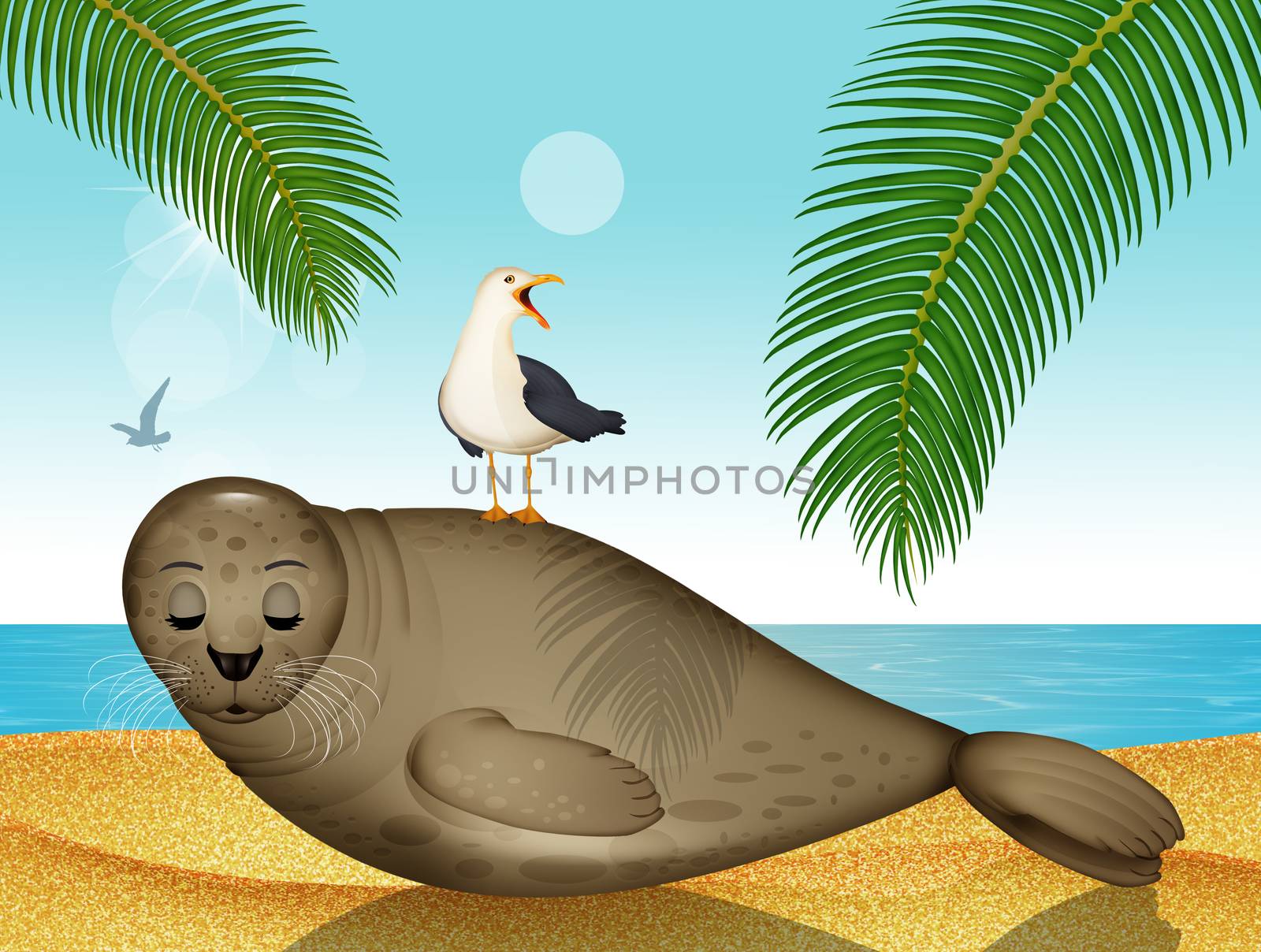 seagull on walrus on the beach