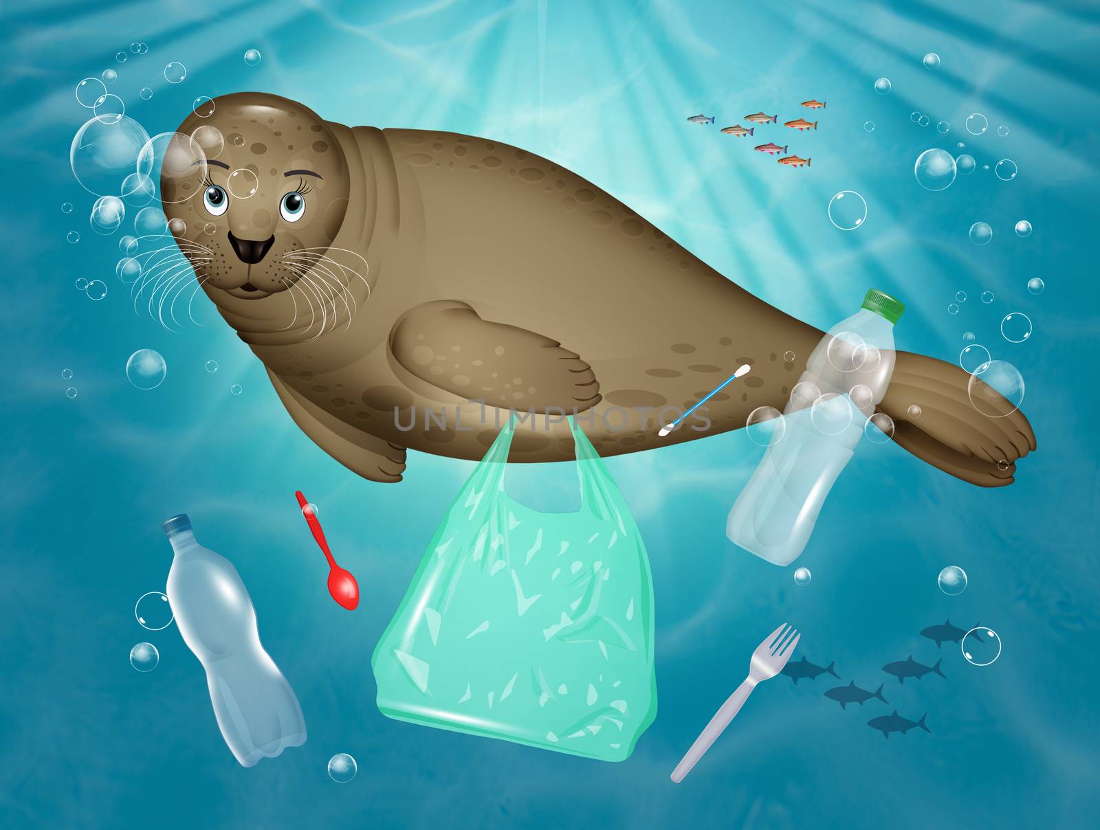 seal swims among plastic waste