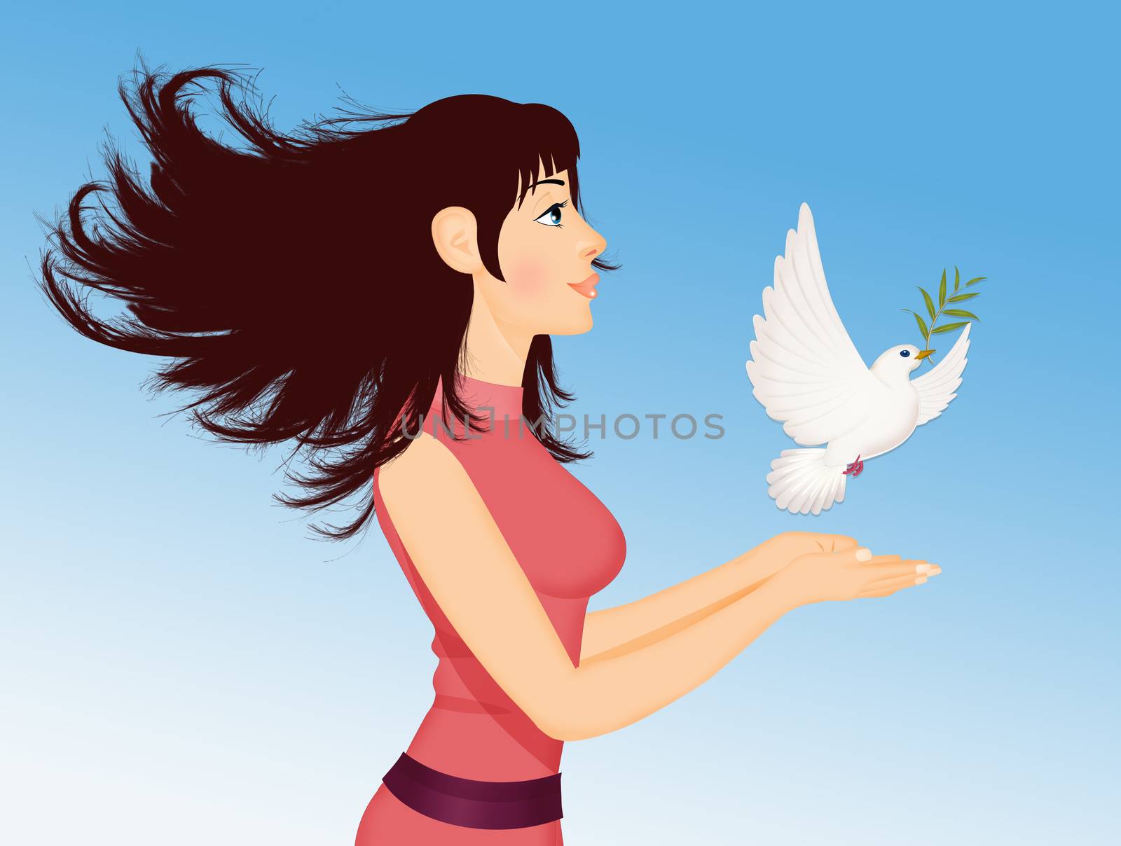 illustration of girl with dove in the hands