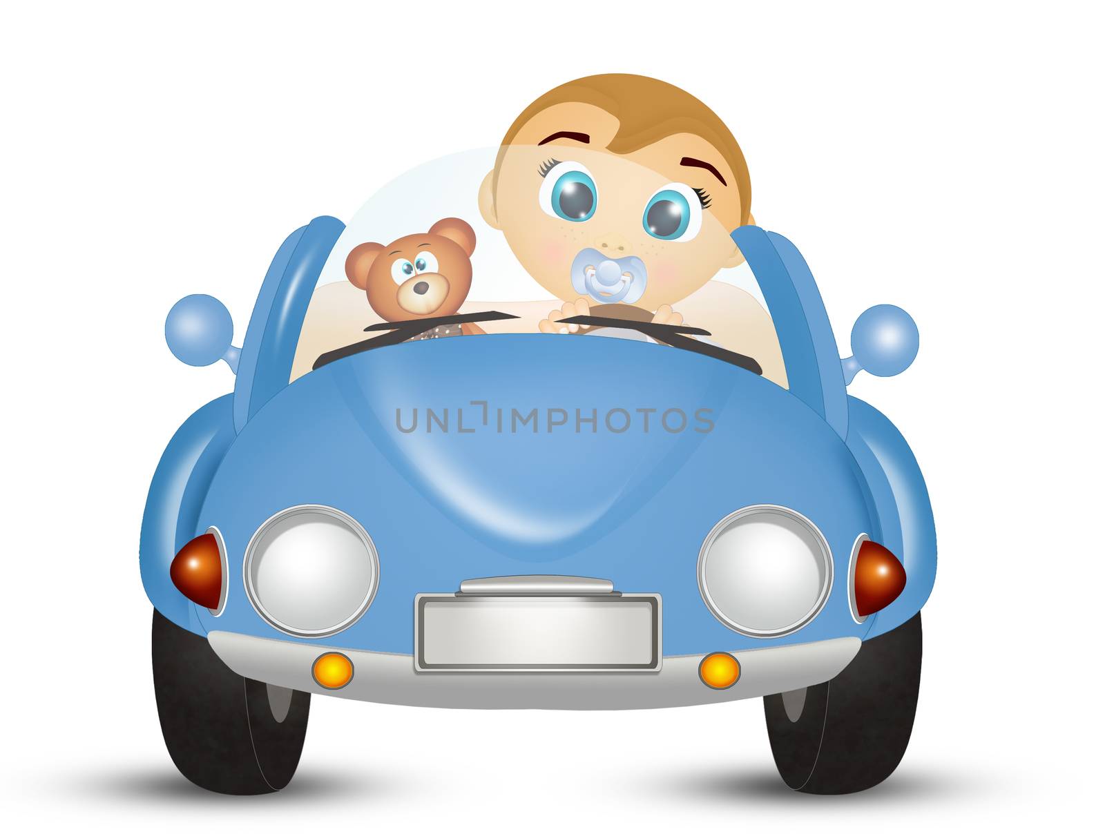 illustration of baby male on board on car