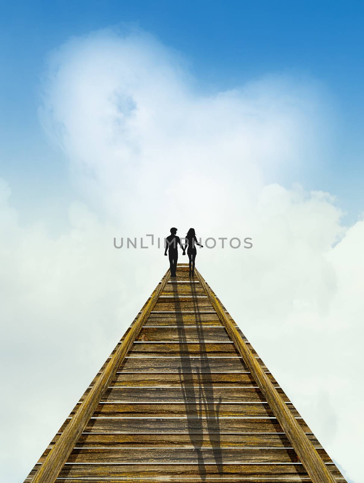 illustration of man and woman walking on the wooden bridge