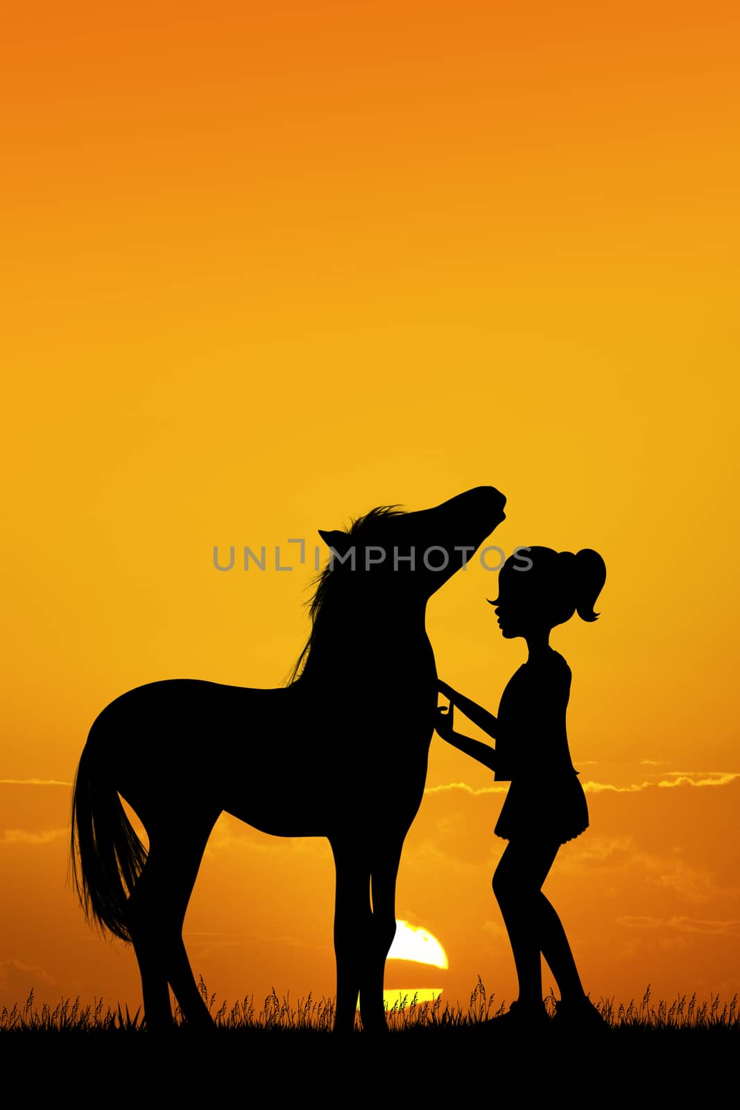 illustration of little girl and horse at sunset