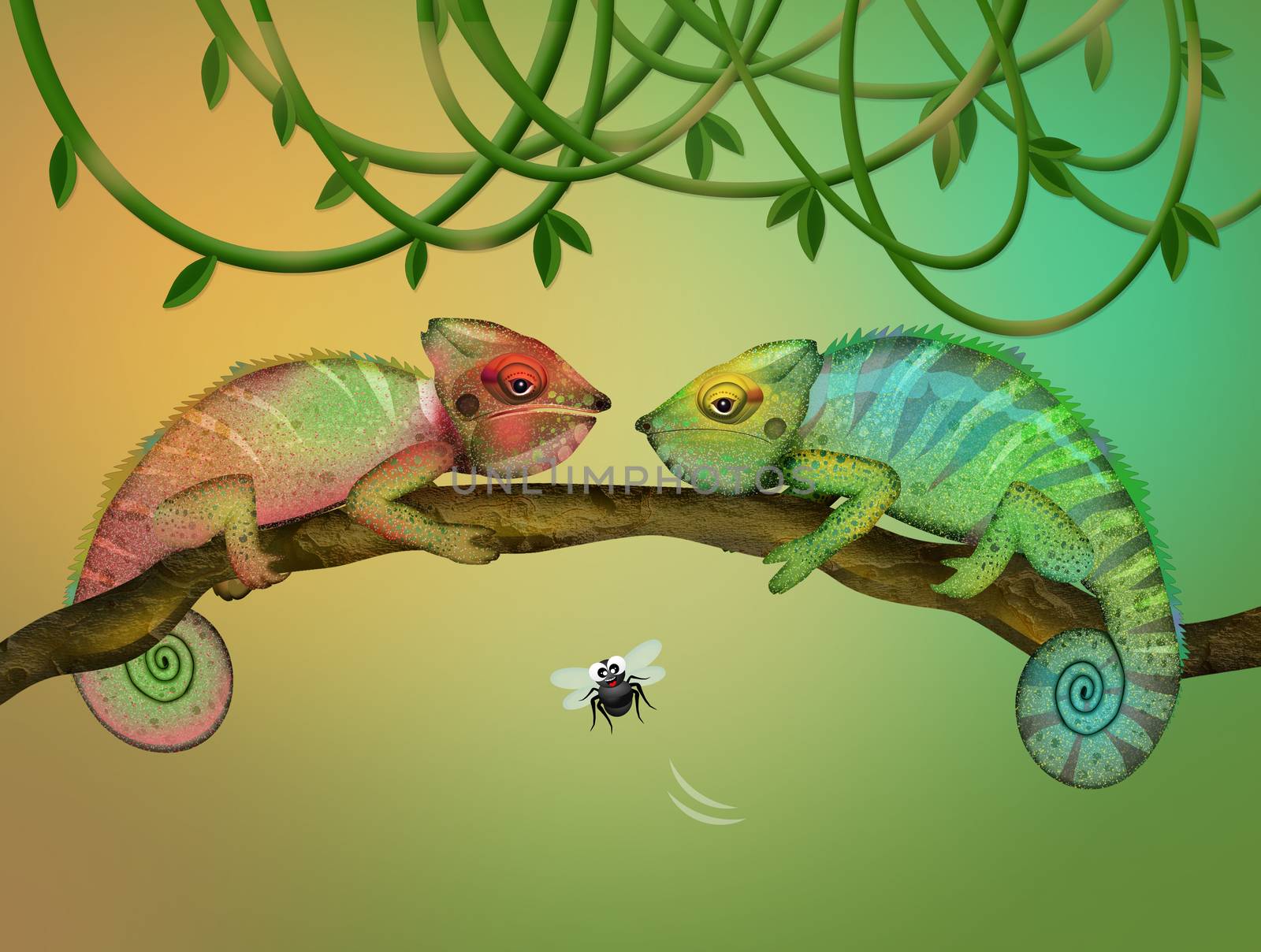 illustration of two chameleons on the branch