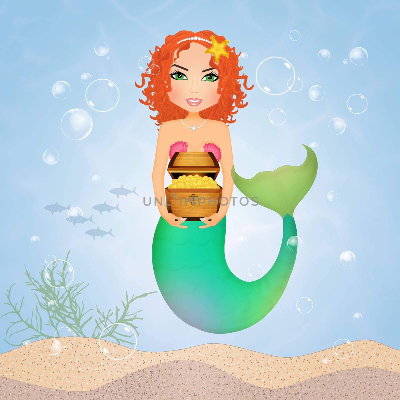 mermaid with treasure chest by adrenalina