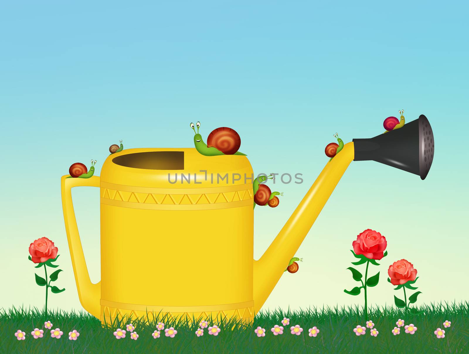 illustration of snails on watering can