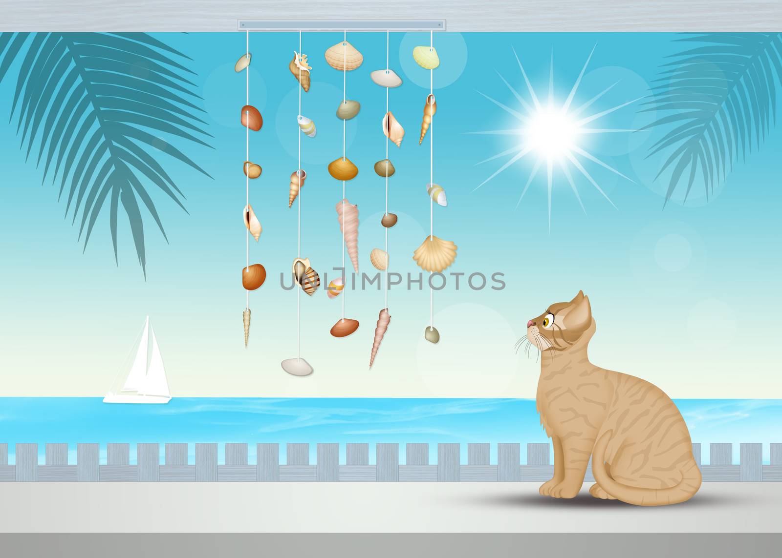 illustration of cat on the windowsill with sea view