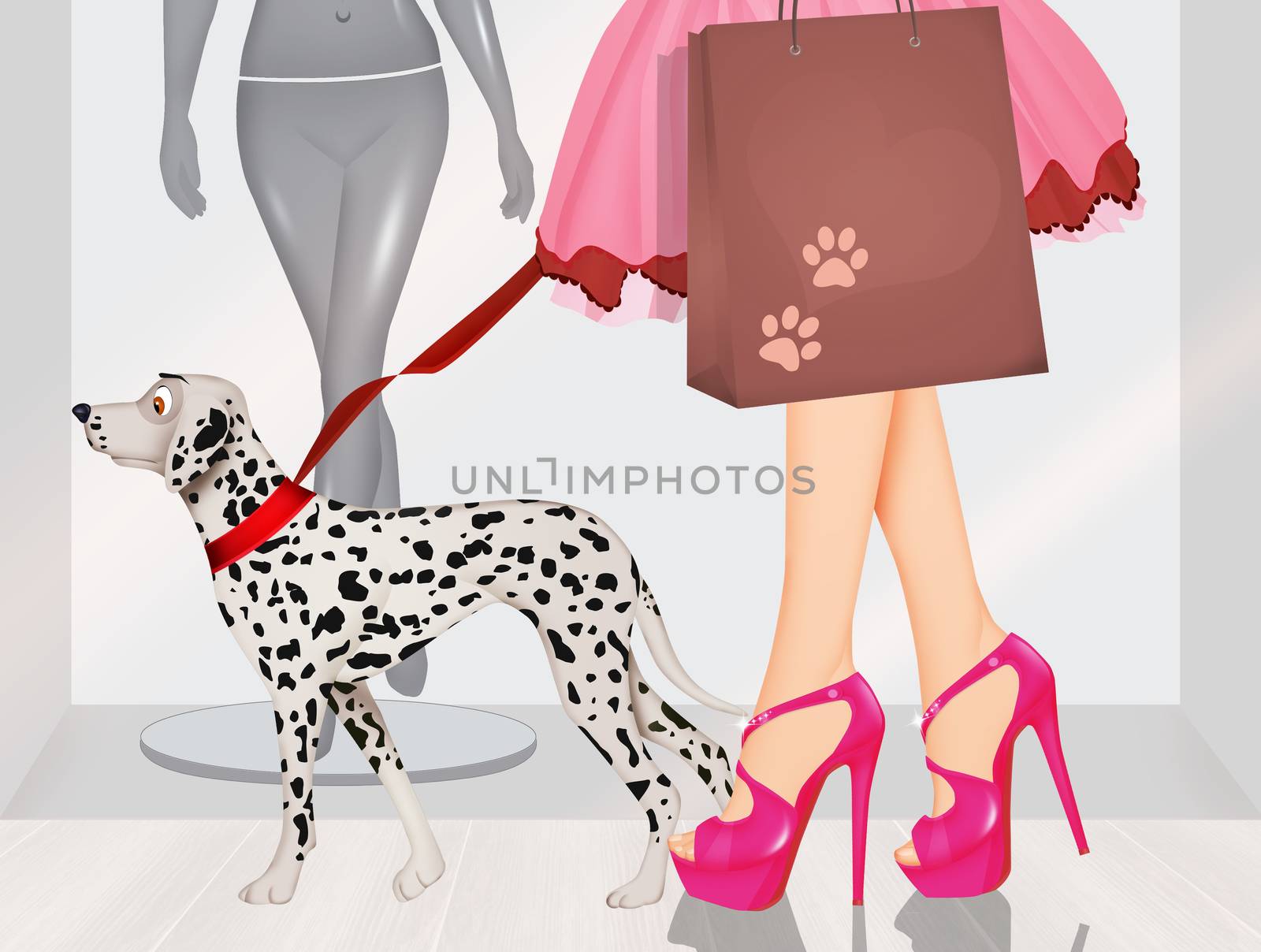 illustration of woman walking with a dog on a leash