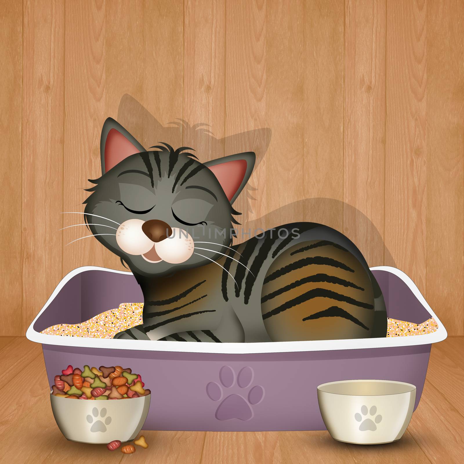 funny illustration of cat in the litter box