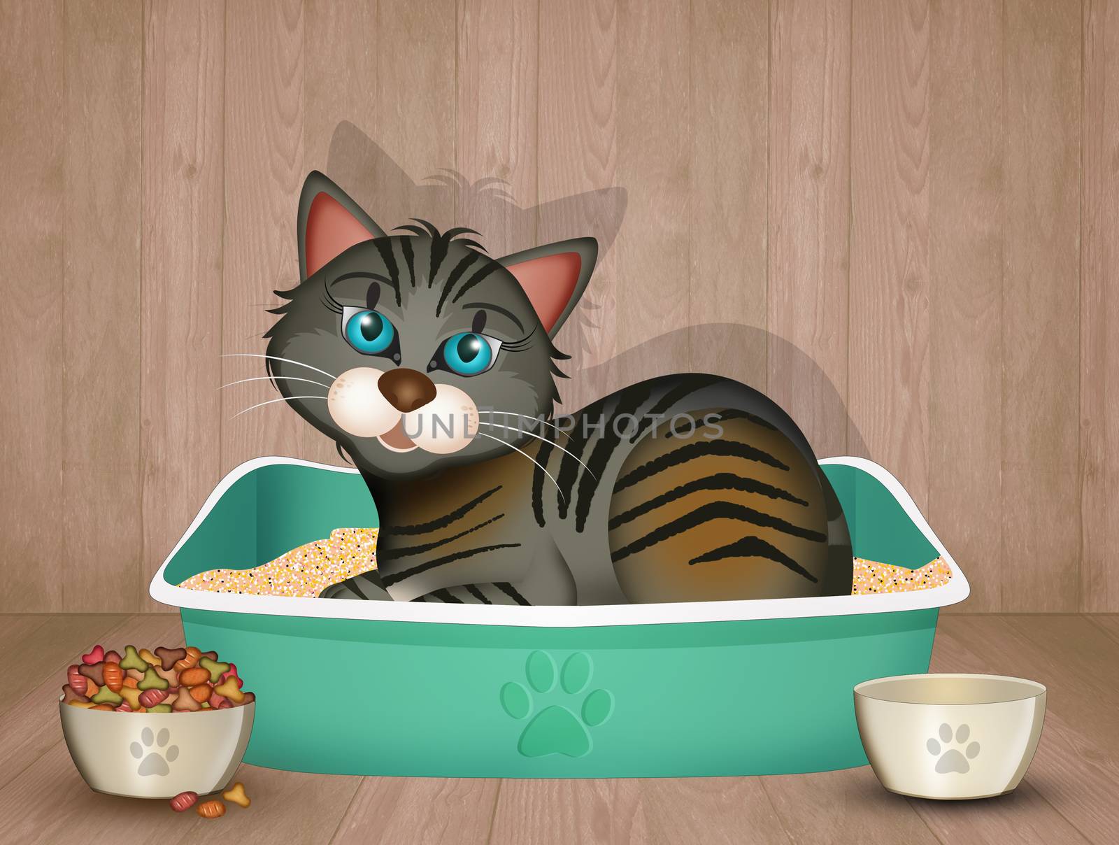 funny illustration of cat in the litter box