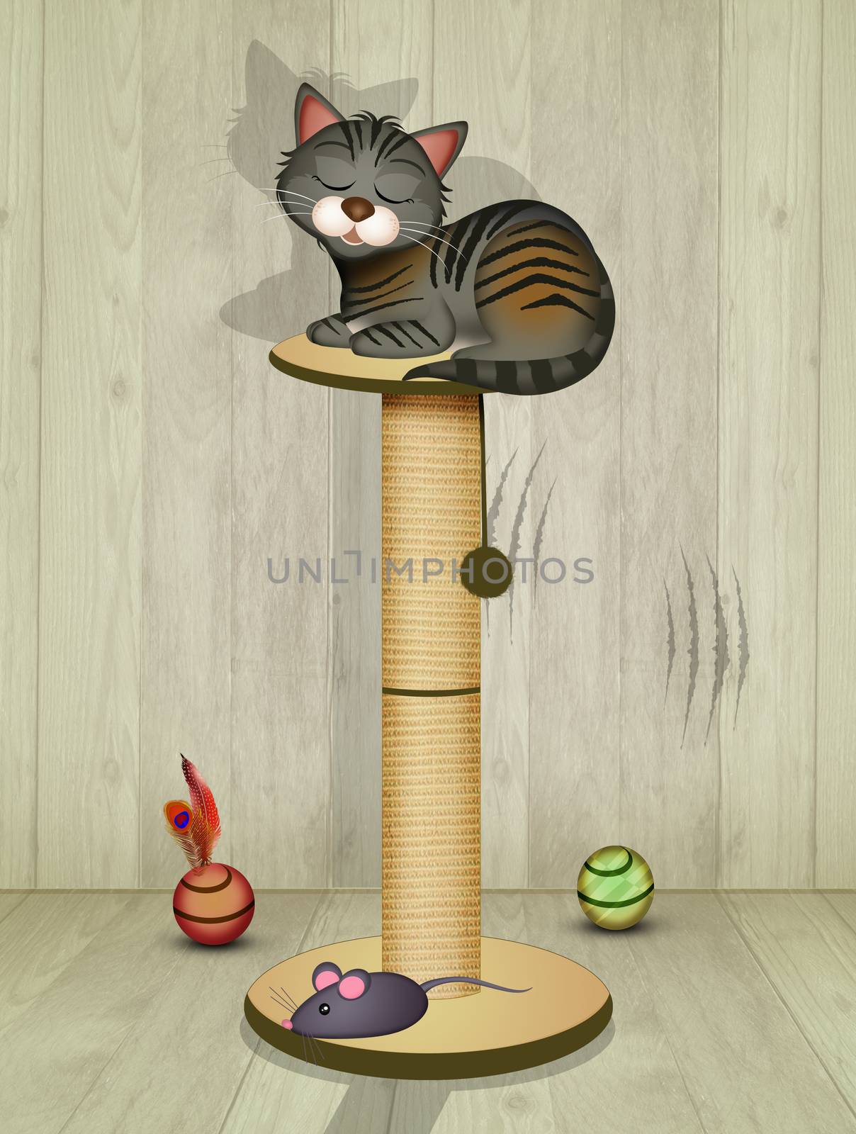 illustration of kennel and scratching post for kittens
