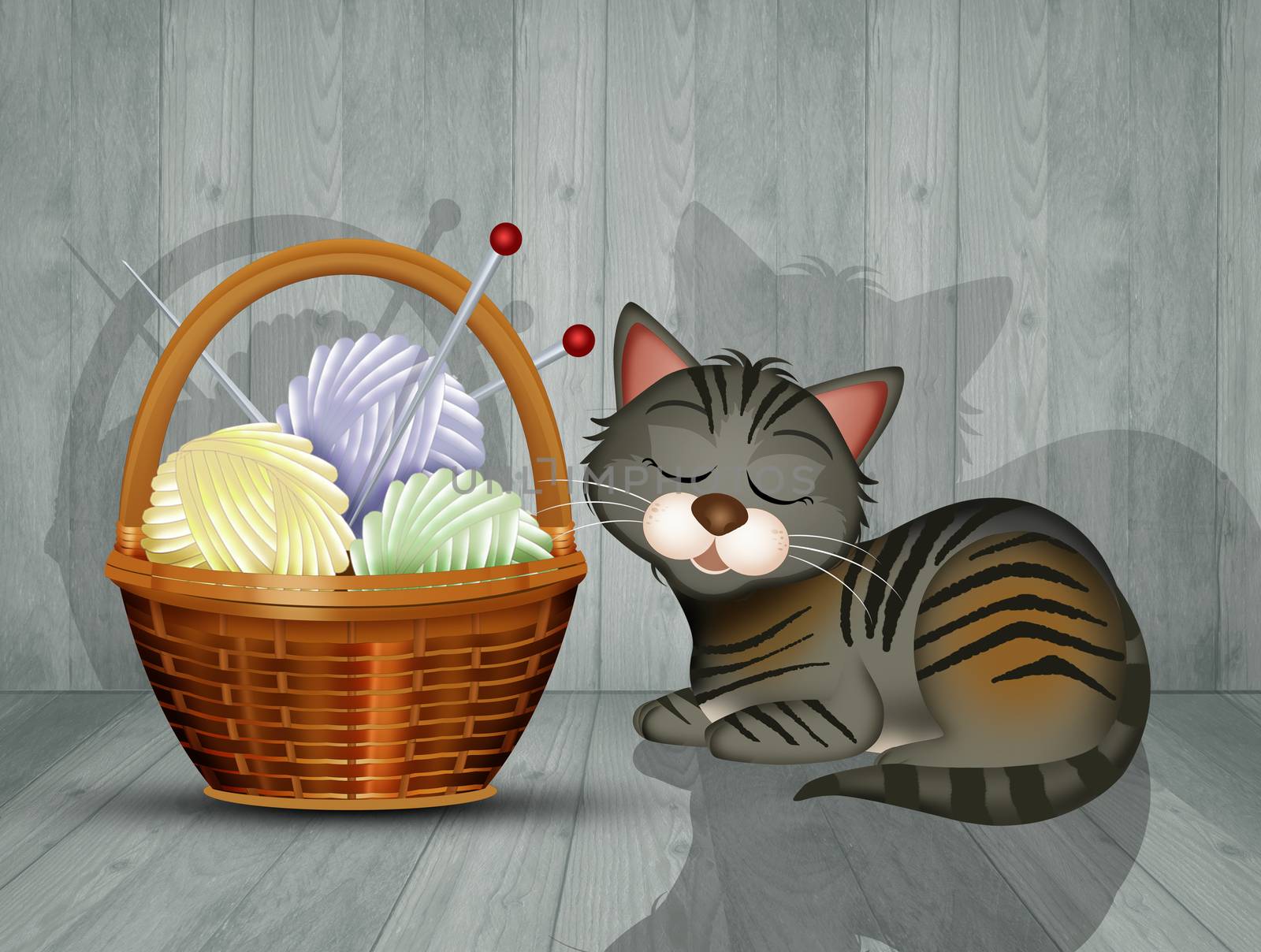 illustration of cat plays with balls of wool