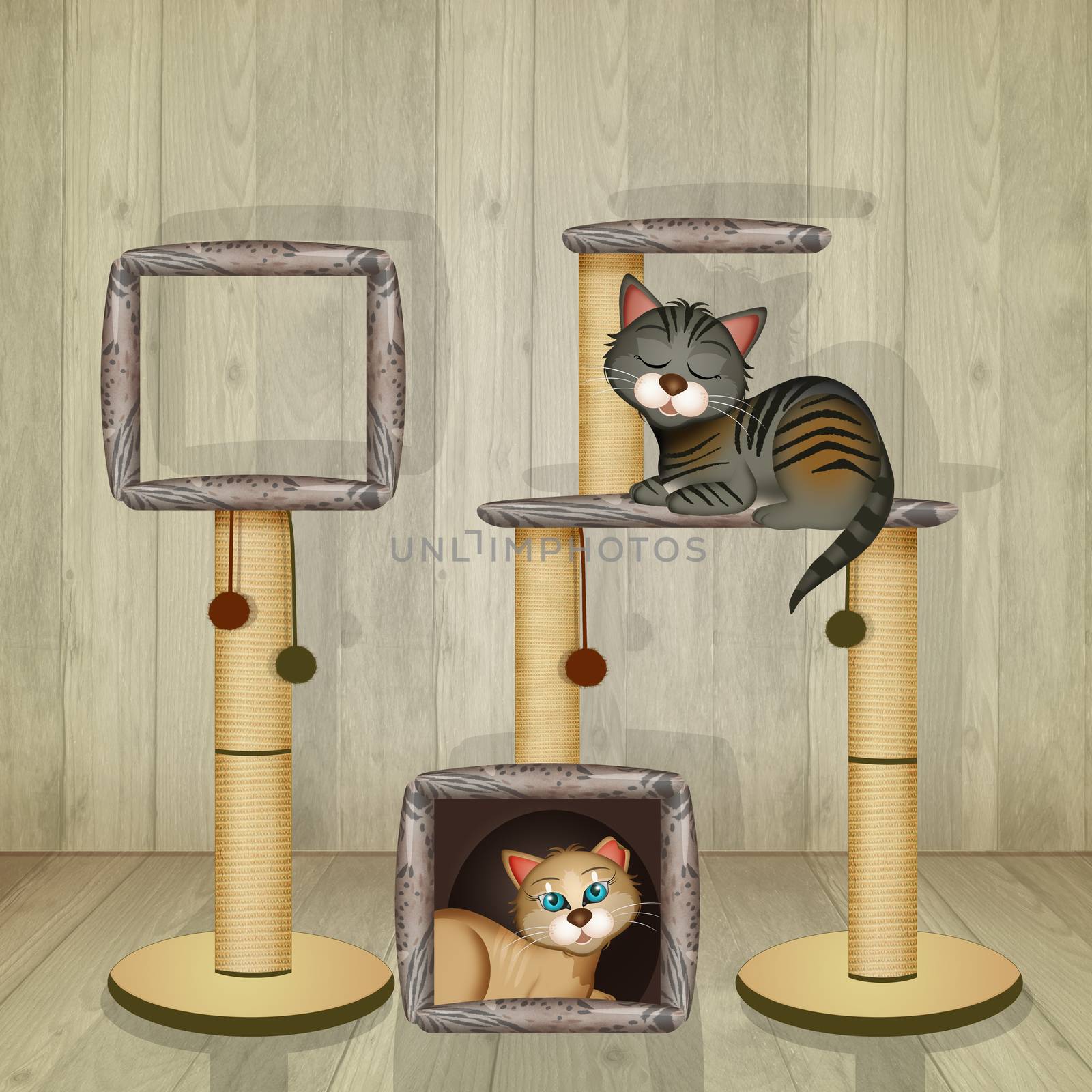 illustration of Scratching Post and cat house