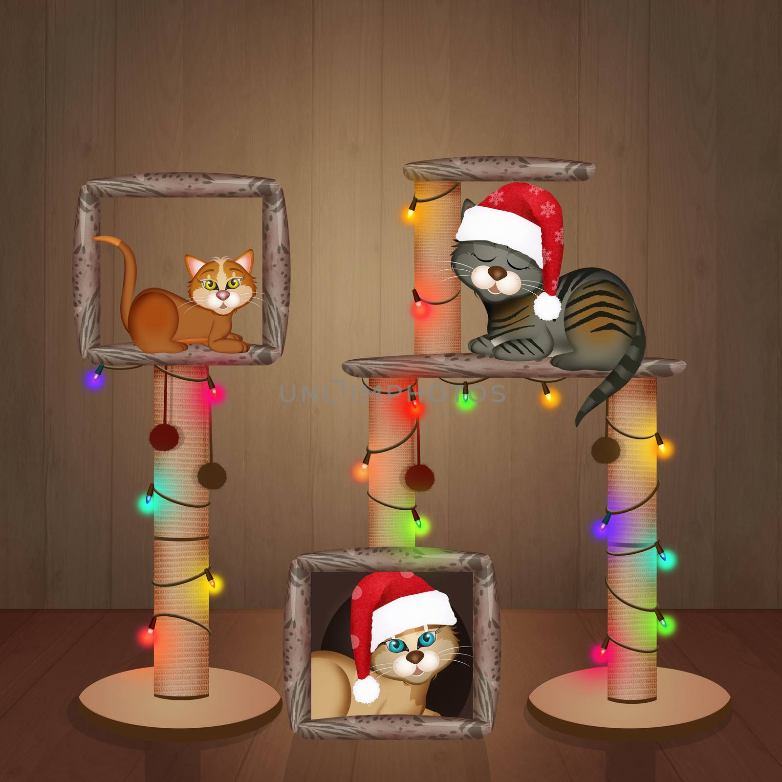 cats and the scratching post decorated for Christmas by adrenalina