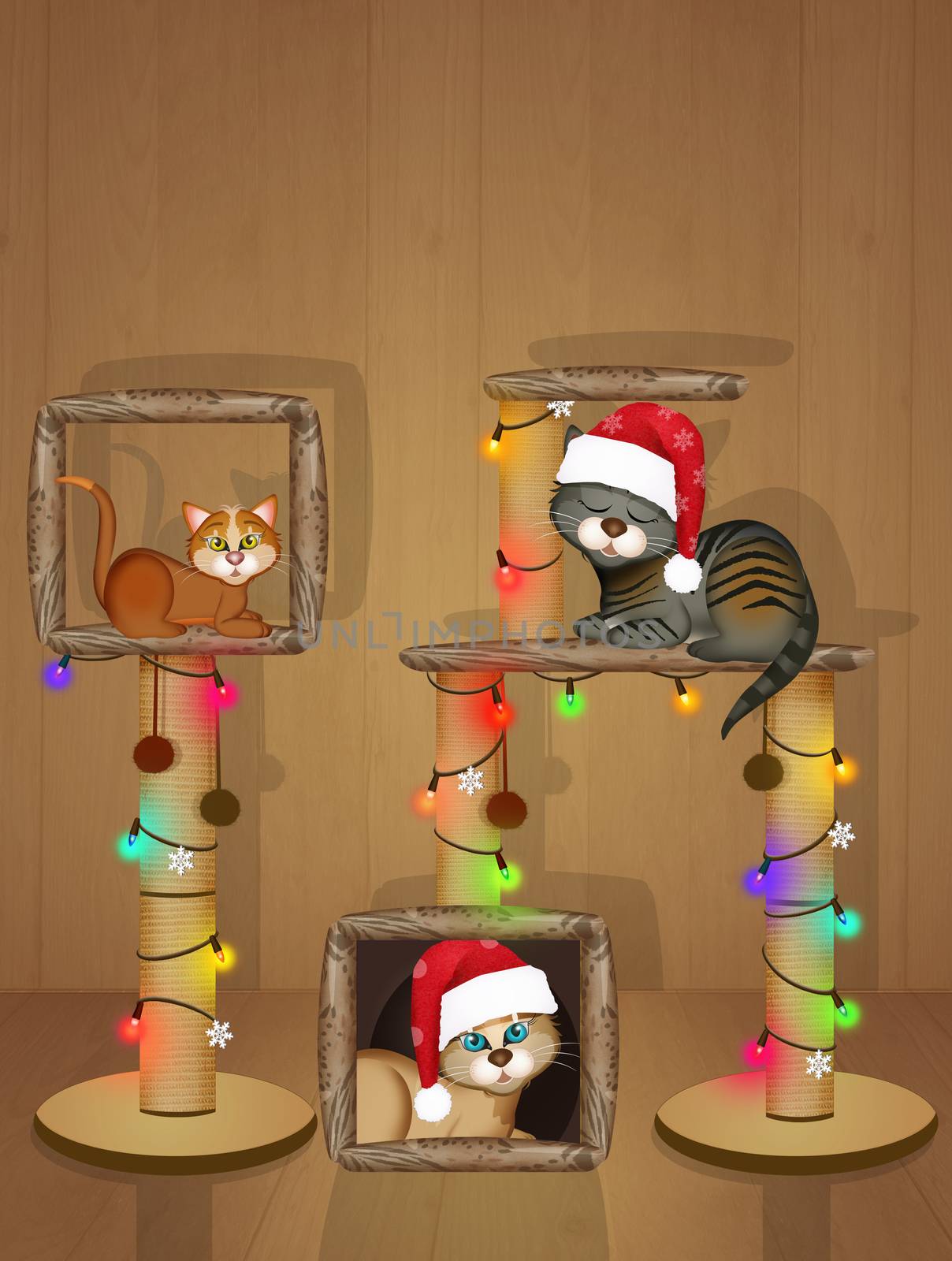 illustration of cats and the scratching post decorated for Christmas