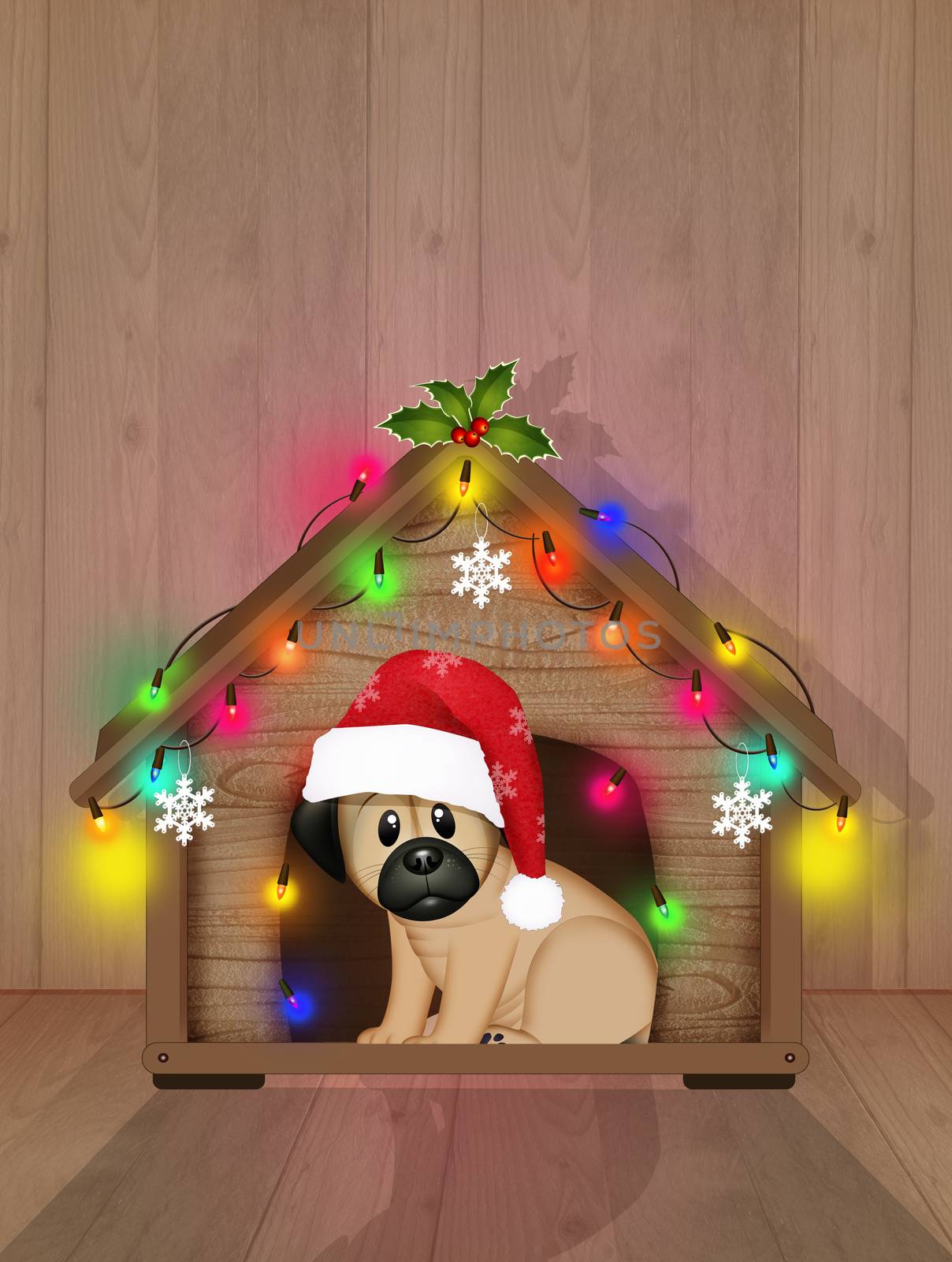 illustration of dog kennel decked out for Christmas