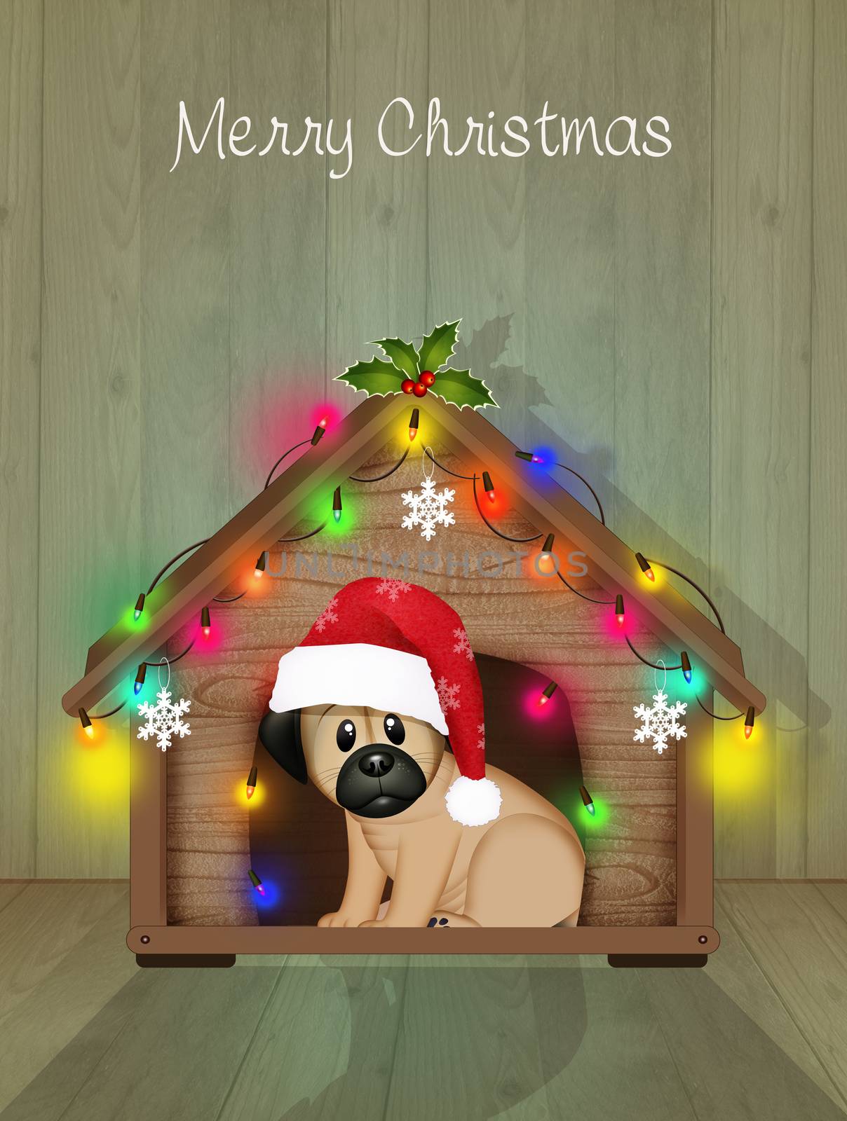 dog with doghouse decorated for Christmas by adrenalina