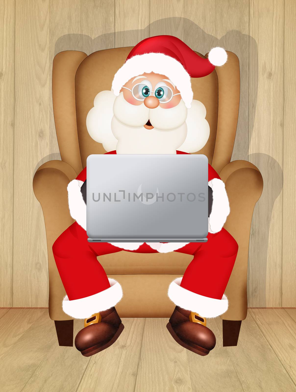 funny illustration of Santa Claus with laptop