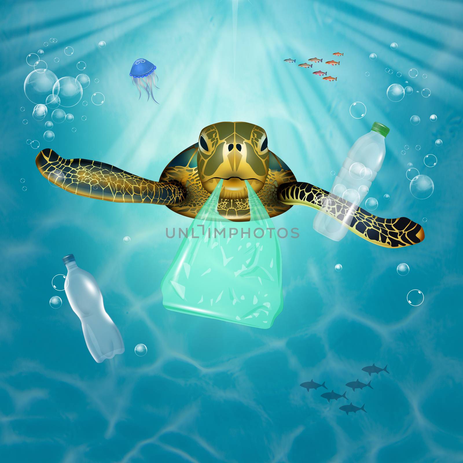 sea turtle swimming in plastic by adrenalina