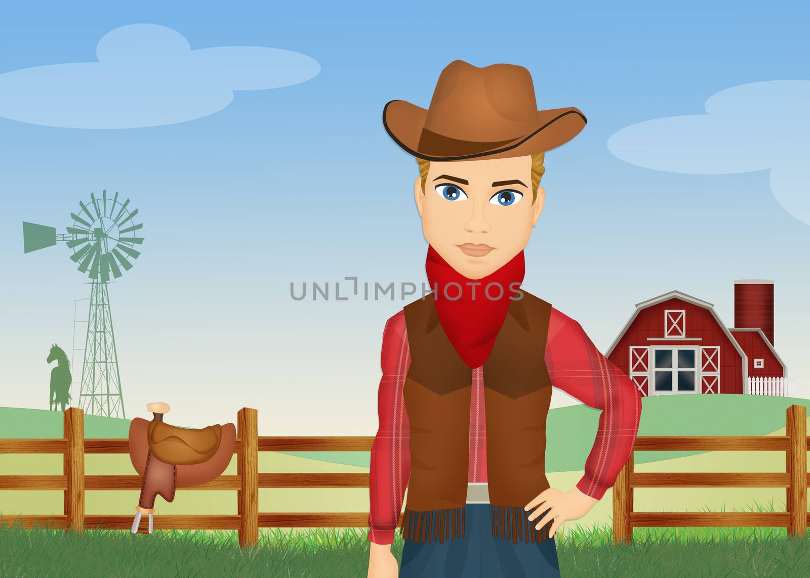 illustration of cowboy in the farm