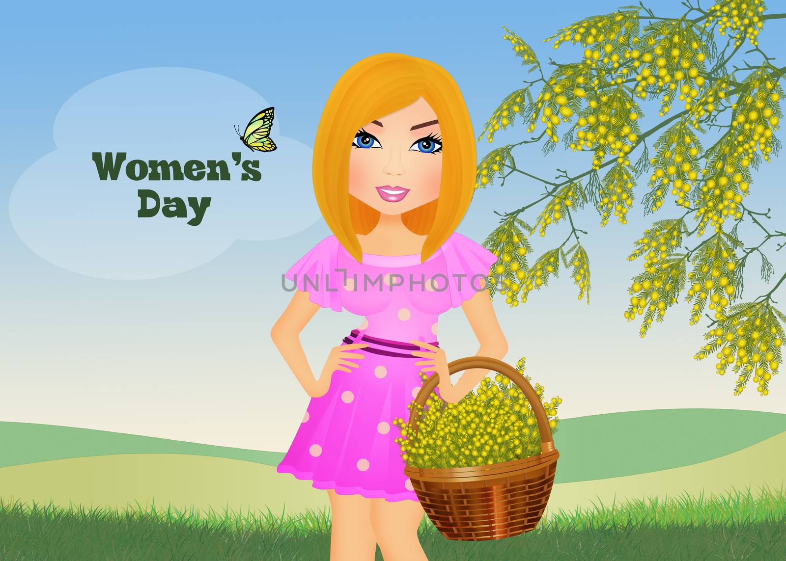 illustration of women's day with blonde girl with mimosa flowers