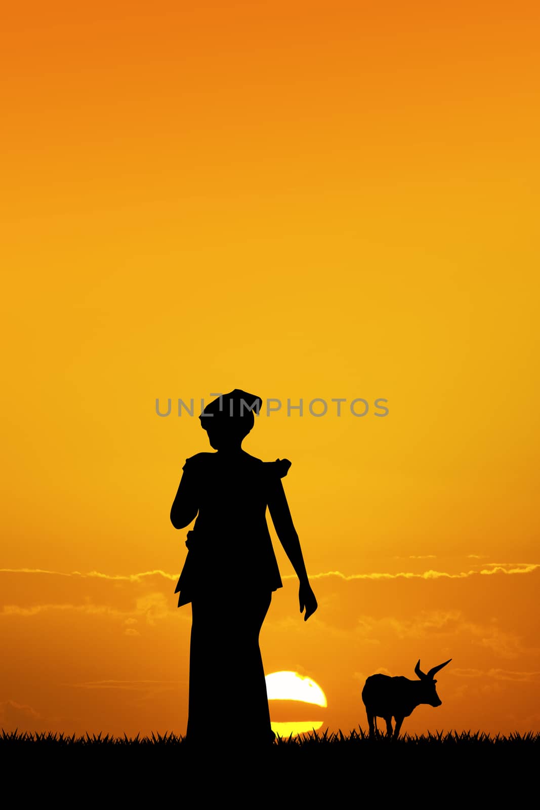 illustration of African woman and son at sunset