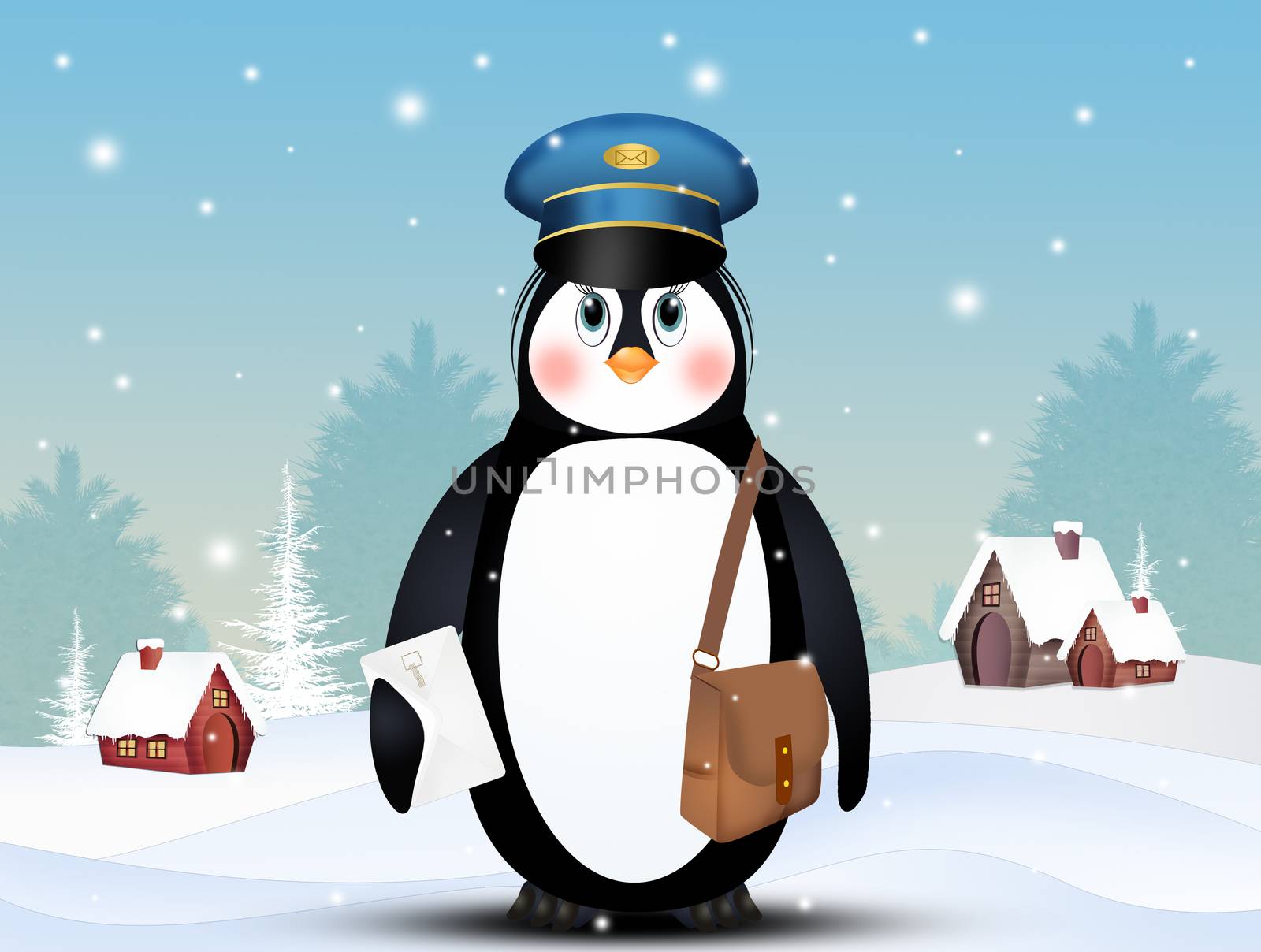 funny illustration of penguin postman