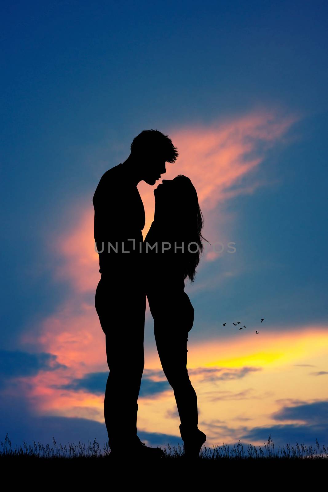 illustration of couple kissing silhouette at sunset