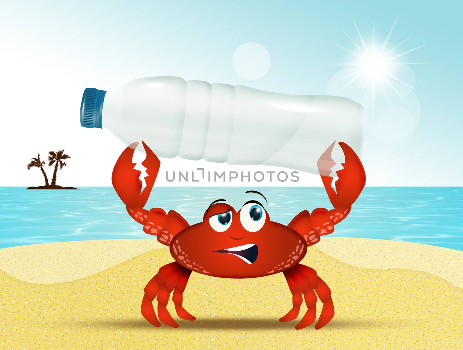 crab with plastic bottle on the beach by adrenalina