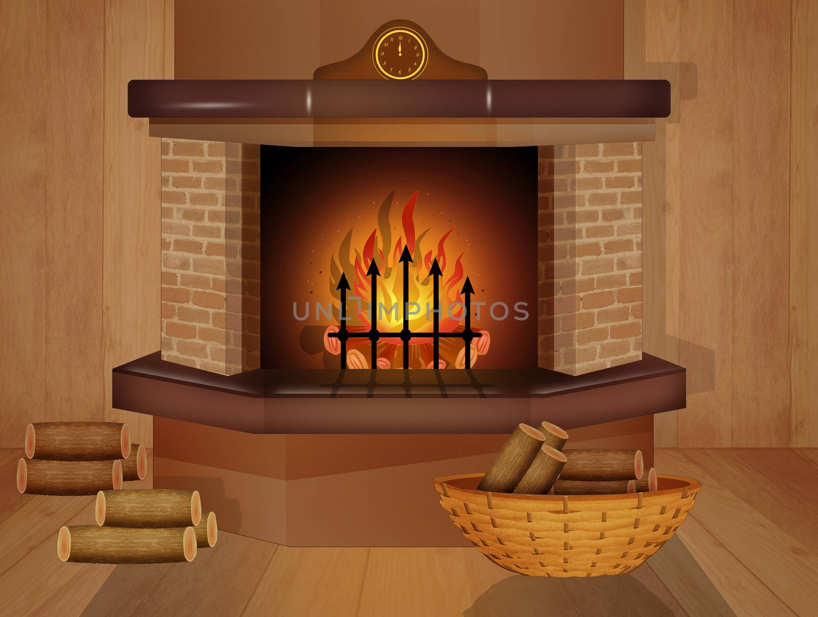 illustration of fireplace with wood