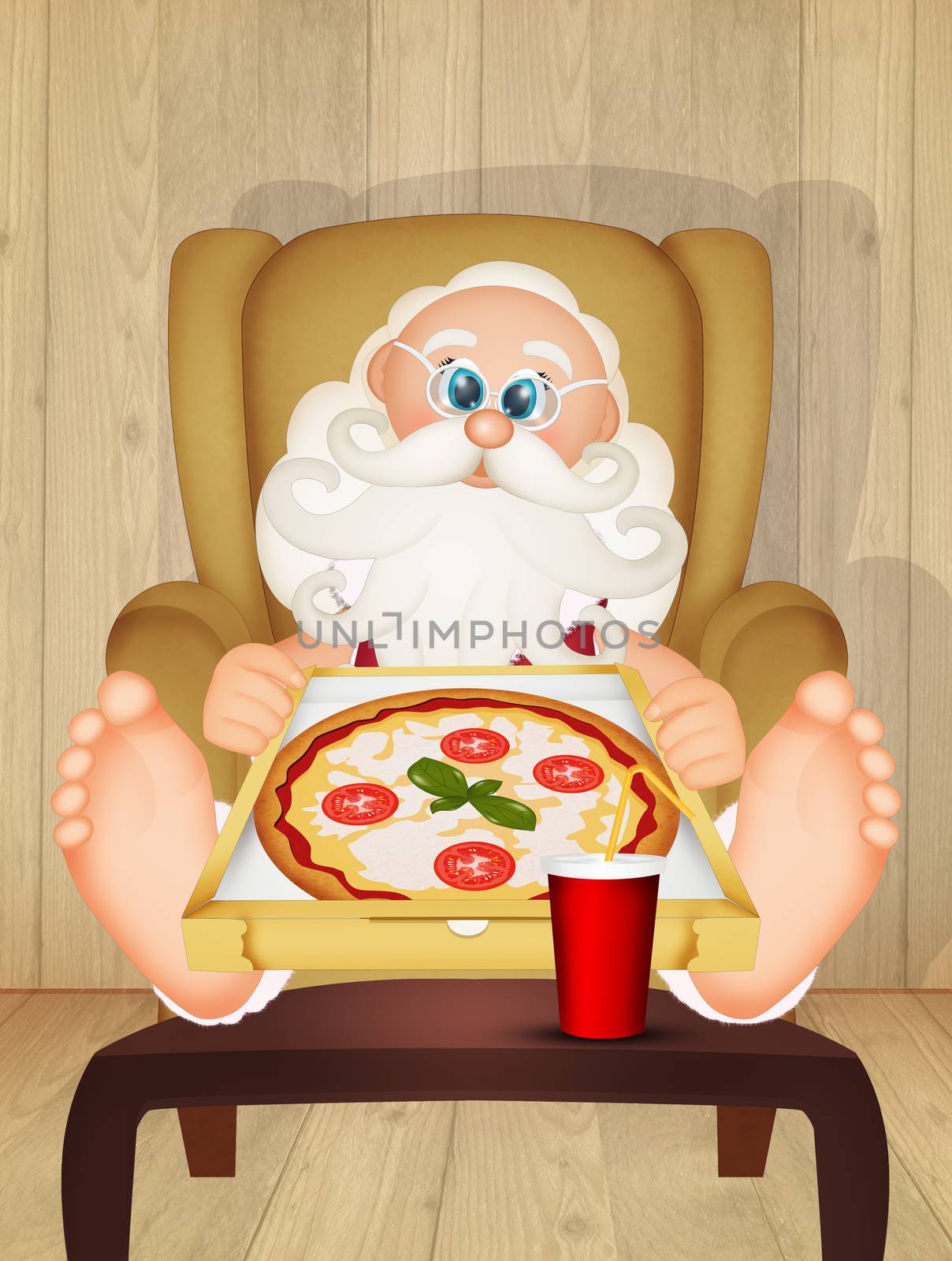 illustration of Santa Claus eating pizza