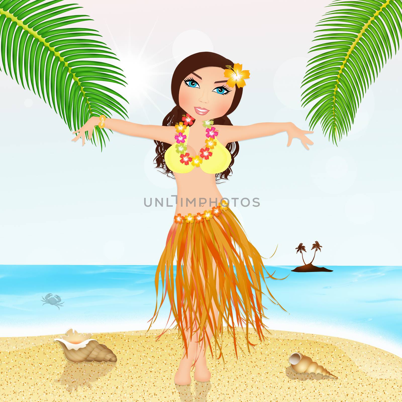 illustration of Hawaiian girl with parrot