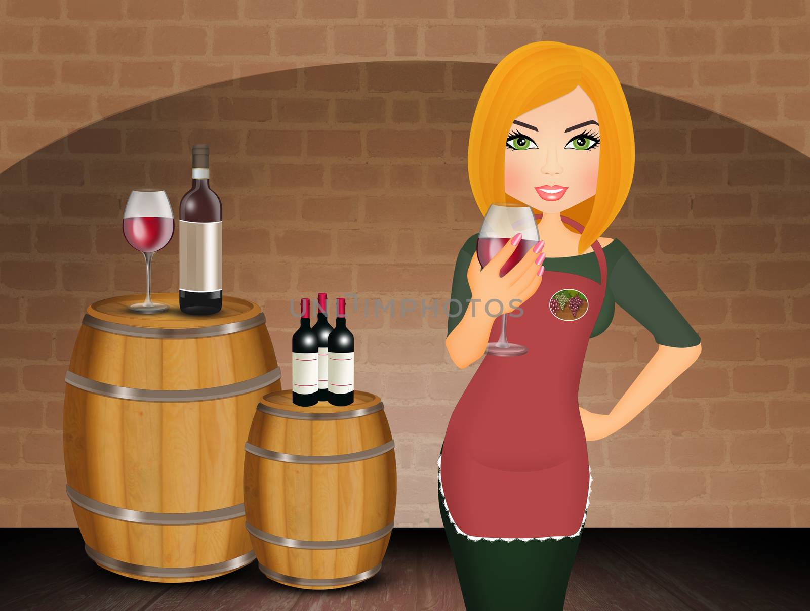 illustration of woman in the wine cellar