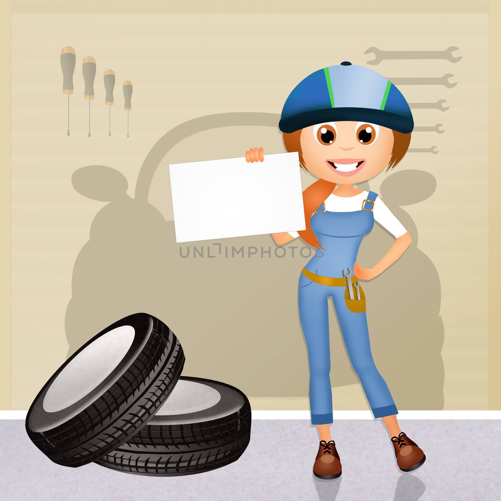 funny illustration of girl in garage