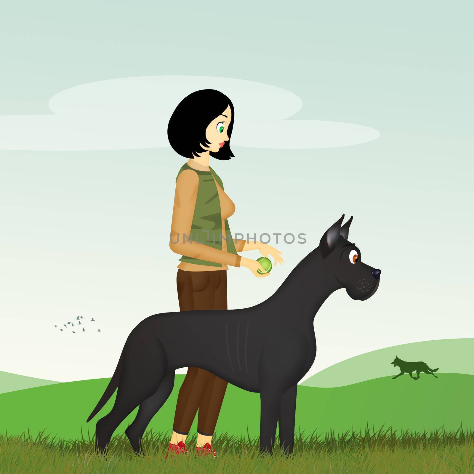 illustration of girl with great dane dog breed